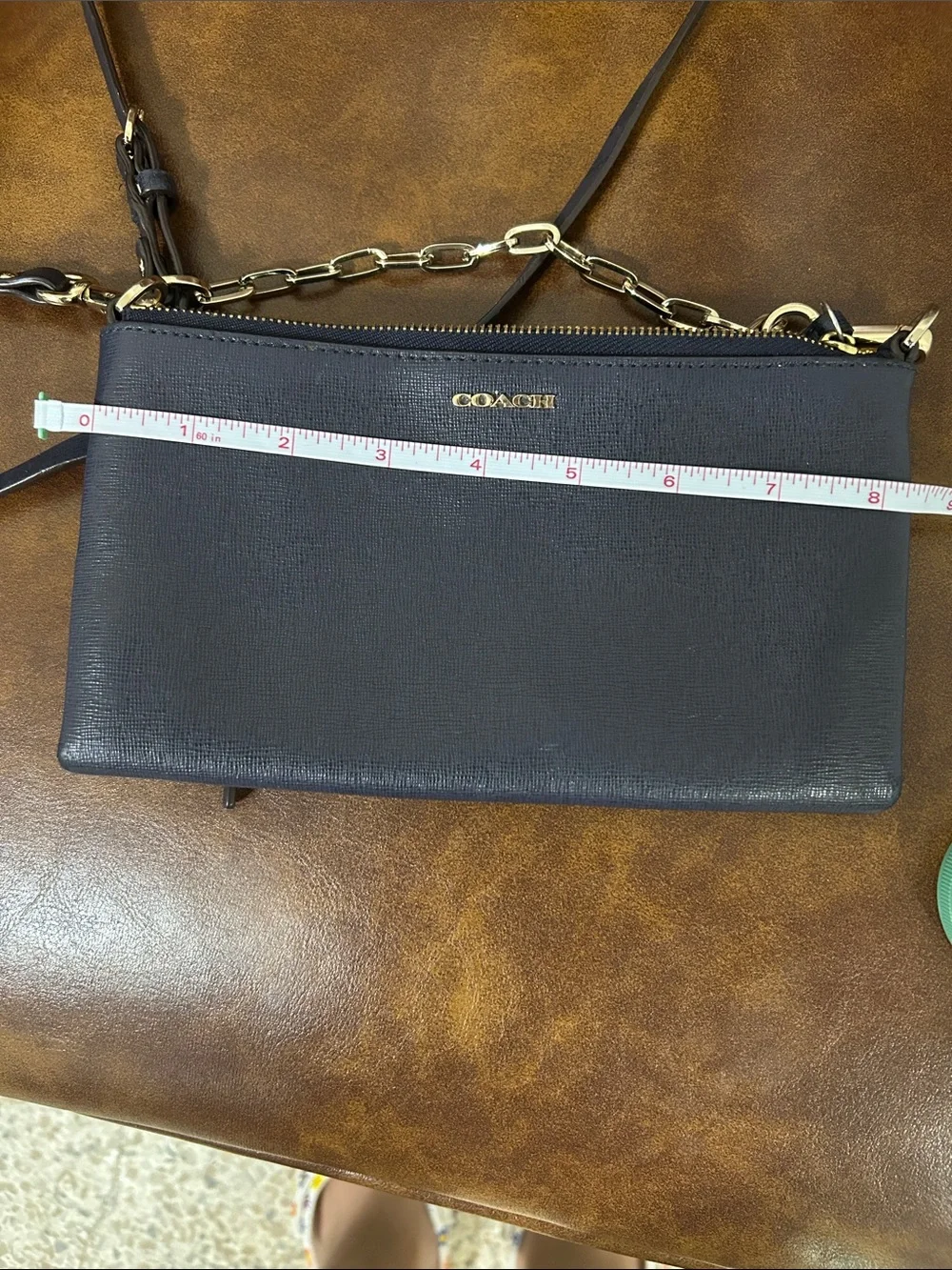 COACH Navy Leather Crossbody with Gold Chain Strap